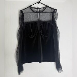 Black Sheer Mesh Top V neck Velvet